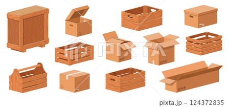 Cartoon wooden and cardboard boxes. Delivery parcels packaging, empty cargo drawers, isometric crates, fragile signs, storage container closed and opened isolated objects, nowaday vector set 124372835