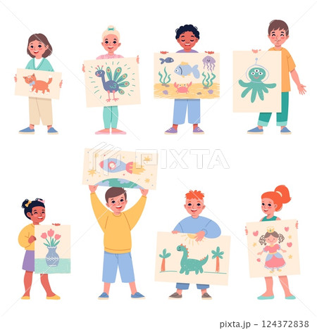 Cute kids show off their drawings. Funny young artists with paintings, children exhibition of artworks, paper sheets, art school pupils, cartoon flat style isolated classy vector concept Cute kids show off their drawings. Funny young artists with paintings, children exhibition of artworks, paper sheets, art school pupils, cartoon flat style isolated classy vector concept 124372838