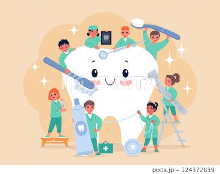 Dentists around tooth. Doctors kids cleaned drilled and examined, caries treatment and prevention, oral health care, toothbrush and toothpaste cartoon flat isolated classy vector concept 124372839