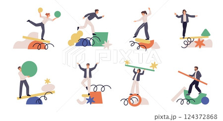 Instability concept scenes. People keep balance, abstract shapes, unreliable supports, falling risk, stability search, creativity process cartoon flat style isolated garish vector set 124372868