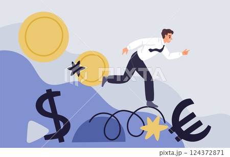Instability situation. Businessman trying find balance, financial shakiness, risky investments, economic recession, market falling, cartoon flat style isolated garish vector concept 124372871