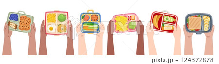 Kids hands hold lunch boxes. Top view, food containers, school snacks in box, kindergarten breakfast, children healthy eating sandwiches, cartoon flat style isolated recent vector concept 124372878