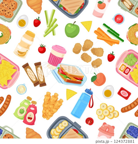 Lunch boxes seamless pattern. Kids school food, plastic containers, sandwiches, vegetables and fruits, children snack. Textile, wrapping, wallpaper. Print for fabric recent vector background Lunch boxes seamless pattern. Kids school food, plastic containers, sandwiches, vegetables and fruits, children snack. Textile, wrapping, wallpaper. Print for fabric recent vector background 124372881
