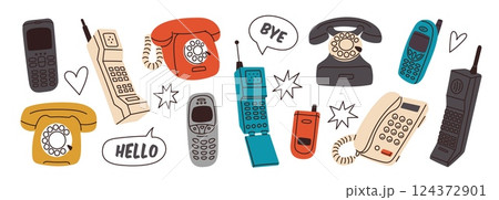 Retro phones. Vintage electronic devices, remote communication old gadgets, dial telephone, cable, wireless and radio, nostalgia symbol, cartoon flat style isolated garish vector set Retro phones. Vintage electronic devices, remote communication old gadgets, dial telephone, cable, wireless and radio, nostalgia symbol, cartoon flat style isolated garish vector set 124372901
