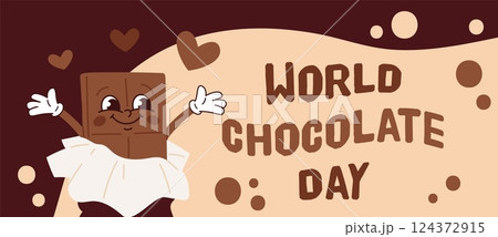 World chocolate day poster. Sweet holiday, sweet cocoa product, smiling bars mascot, cartoon character in wrapper, banner design with congratulation text, cartoon flat garish vector concept 124372915