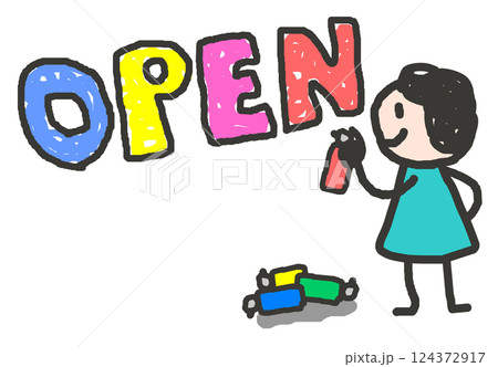 開店や開通をお知らせするOPENを書く人物イラスト 開店や開通をお知らせするOPENを書く人物イラスト 124372917