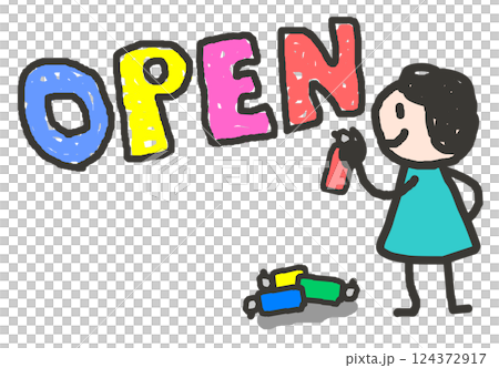 開店や開通をお知らせするOPENを書く人物イラスト 開店や開通をお知らせするOPENを書く人物イラスト 124372917
