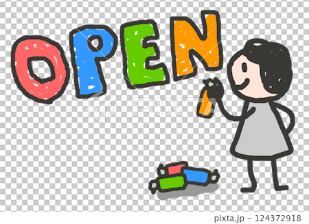 圖說:一個人寫著「OPEN」來宣布商店或道路開業 圖說:一個人寫著「OPEN」來宣布商店或道路開業 124372918