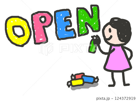 開店や開通をお知らせするOPENを書く人物イラスト 124372919