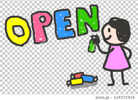 開店や開通をお知らせするOPENを書く人物イラスト 124372919