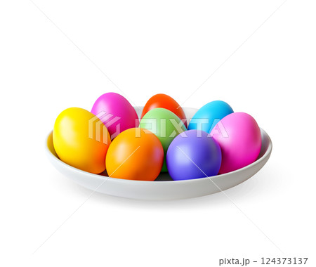 3d colorful easter eggs in plate isolated on white 124373137