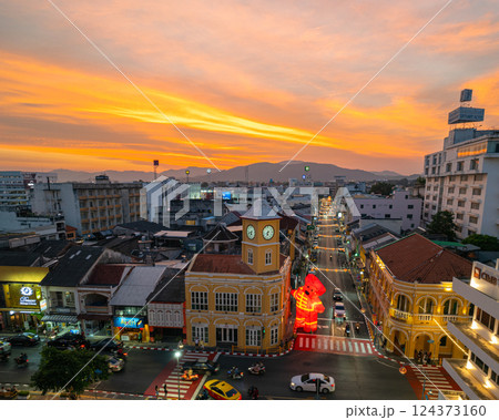 Aerial view of classic and beautiful architecture at Charter square of Phuket at twilight 124373160
