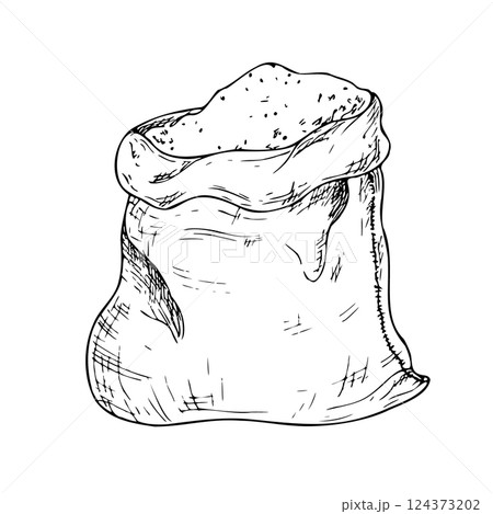 Vector fabric canvas bag for food or delivery. Graphic ink bag with flour, grain illustration isolated on background. Hand drawn line sketch. For designers, prints, logo, icon, menu, postcards 124373202