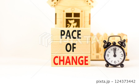 Pace of change symbol. Concept words Pace of change on beautiful wooden blocks. Beautiful white background. Black alarm clock. Business pace of change concept. Copy space. 124373442