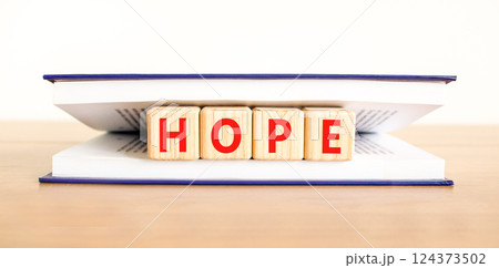 Hope symbol. Concept word Hope on beautiful wooden blocks in book. Beautiful wooden table white background. Business, lifestyle, support and hope concept. Copy space. Hope symbol. Concept word Hope on beautiful wooden blocks in book. Beautiful wooden table white background. Business, lifestyle, support and hope concept. Copy space. 124373502