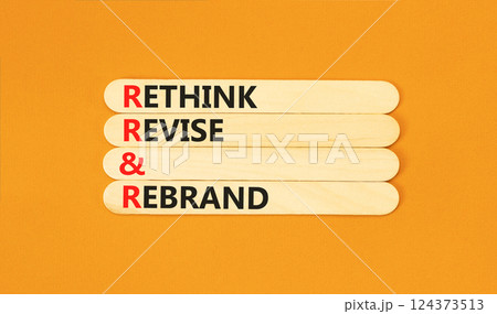 Rethink revise rebrand symbol. Concept word Rethink Revise and Rebrand on beautiful wooden sticks. Beautiful orange background. Business brand rethink revise rebrand concept. Copy space. 124373513