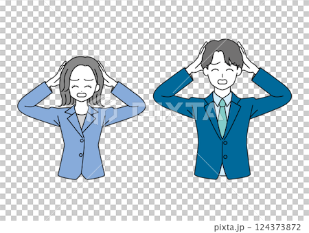 Illustration set of men and women in suits holding their heads (blue) Illustration set of men and women in suits holding their heads (blue) 124373872