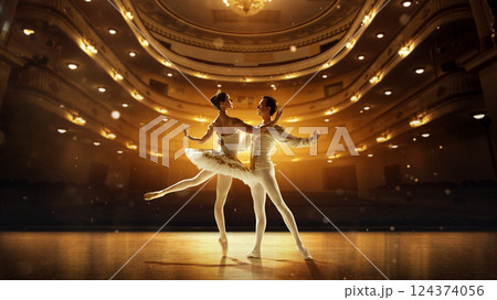 Graceful ballerina held by partner in fluid motion, golden stage lights enhancing silhouettes. 124374056