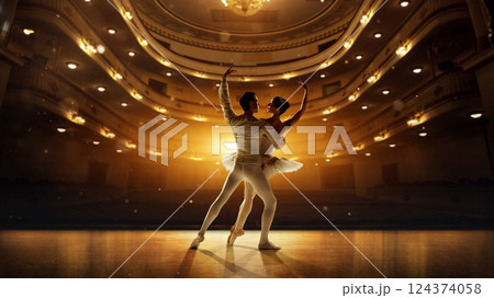 Romantic ballet duo in dramatic pose, golden spotlight illuminating delicate movement. Concept of classical dance. Romantic ballet duo in dramatic pose, golden spotlight illuminating delicate movement. Concept of classical dance. 124374058