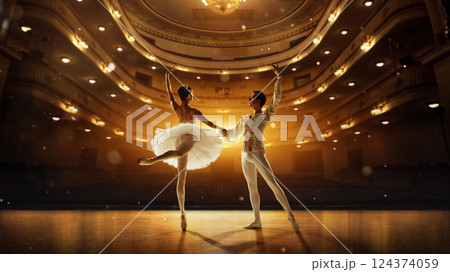 Elegant poised ballet couple, dressed elegant clothes, performing on stage with golden spotlight. Concept of classical dance Elegant poised ballet couple, dressed elegant clothes, performing on stage with golden spotlight. Concept of classical dance 124374059