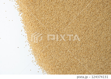 Raw organic amaranth grains on a white background, top view Raw organic amaranth grains on a white background, top view 124374131