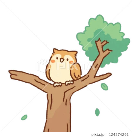 デフォルメ、シンプルなフクロウのイラスト、素材、アイコン、背景なし 124374291