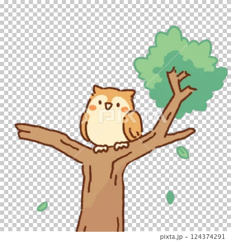 デフォルメ、シンプルなフクロウのイラスト、素材、アイコン、背景なし 124374291