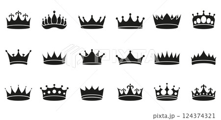 Royal Crown and Tiara Solid Icon Set. Collection of Majestic Crown Symbols. Royalty, Power, and Nobility. King and Queen Headpiece Silhouette Symbol. Isolated Vector Illustration 124374321