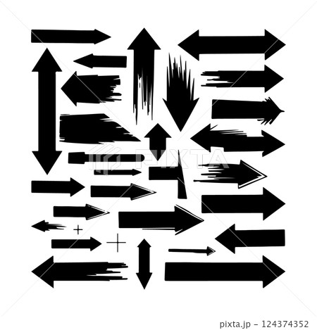 Hand Drawn Arrow Set Black Vector Collection. A collection of hand drawn vector arrows in different styles including straight, curved, dashed, and textured designs. 124374352