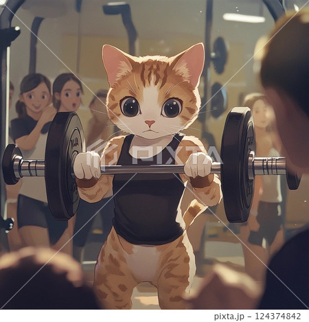 夏に向けてジムで筋トレをする猫 夏に向けてジムで筋トレをする猫 124374842