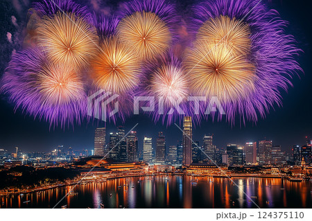 夏祭りの花火と都会の夜景 124375110