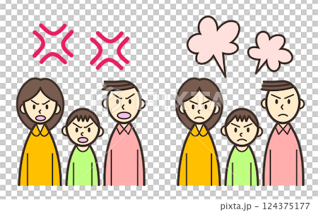 三位父母和孩子的一組憤怒的面部表情 三位父母和孩子的一組憤怒的面部表情 124375177