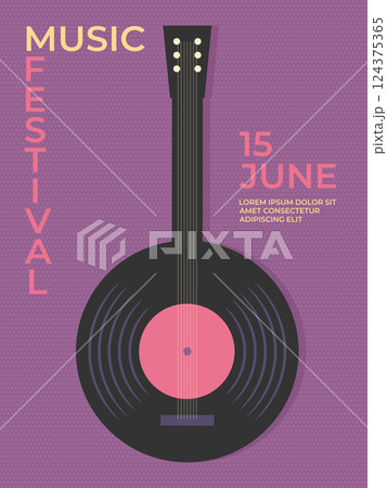 Vintage music festival poster with guitar in vinyl record shape. Minimalist music festival background template. Vector illustration 124375365