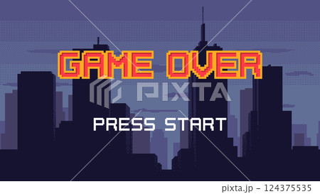 Game Over screen - pixel art with night city landscape background. Dark cityscape banner with Press Start phrase. Retro video arcade game design concept. Game Over screen - pixel art with night city landscape background. Dark cityscape banner with Press Start phrase. Retro video arcade game design concept. 124375535