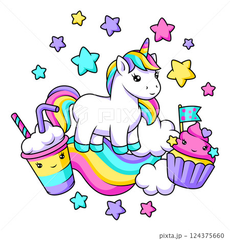 Print with unicorn. Happy birthday party design. 124375660