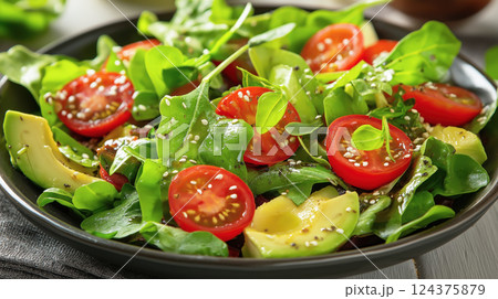 Fresh Green Salad with Avocado, Tomato, and Seeds 124375879