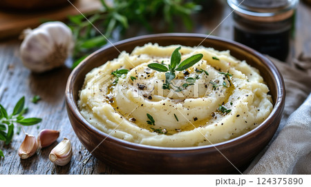 Creamy Mashed Potatoes with Herbs and Olive Oil in Bowl 124375890