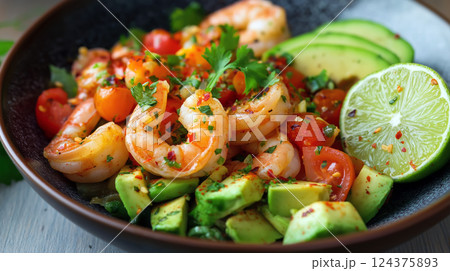 Shrimp Avocado Salad with Tomato and Lime in Black Bowl 124375893
