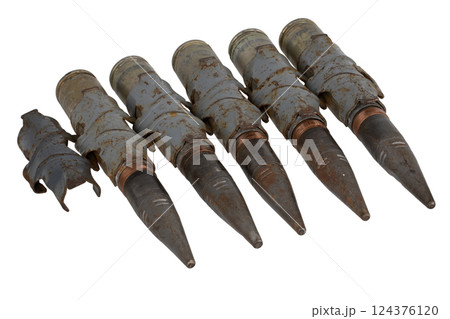 Ammunition belt with 30 mm armor piecing rounds for automatic canon for infantry fighting vehicle BMP-2 used by the former Soviet Union. Isolated on white. 124376120
