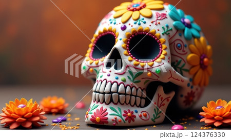 A 3D-rendered Mexican sugar skull with bright decorations like marigolds, beads, and gems, ideal for festive or Day of the Dead-themed content.	 124376330