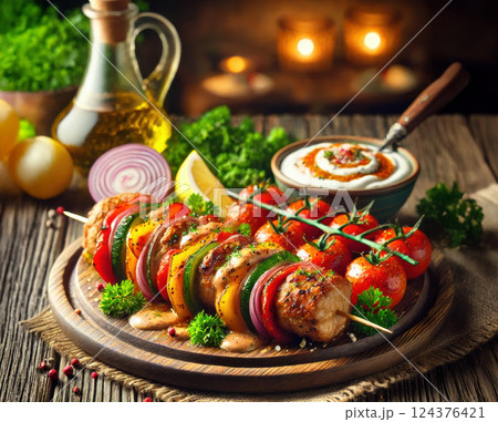 grilled meat and vegetable skewers, kebab grilled meat and vegetable skewers, kebab 124376421
