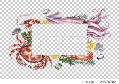 A frame with an image of seafood, shrimp, crabs and squid with lemon and herbs. Handmade watercolor illustration. A color template. For menus, recipes, packages, labels and invitations. A frame with an image of seafood, shrimp, crabs and squid with lemon and herbs. Handmade watercolor illustration. A color template. For menus, recipes, packages, labels and invitations. 124376702