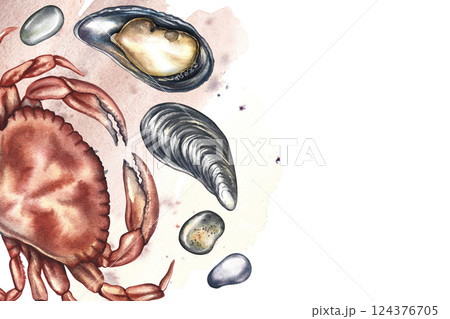 A frame with an image of a crab and mussels. A hand-drawn watercolor illustration. A colorful seafood pattern with a watercolor spot. For menus, recipes, packages, labels and invitation flyers. A frame with an image of a crab and mussels. A hand-drawn watercolor illustration. A colorful seafood pattern with a watercolor spot. For menus, recipes, packages, labels and invitation flyers. 124376705