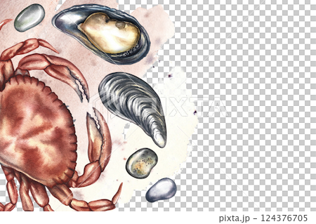 A frame with an image of a crab and mussels. A hand-drawn watercolor illustration. A colorful seafood pattern with a watercolor spot. For menus, recipes, packages, labels and invitation flyers. 124376705
