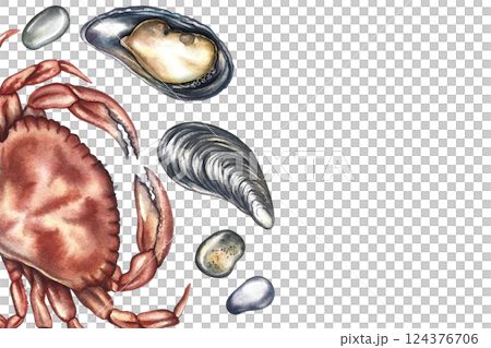 A frame with an image of a crab and mussels. A hand-drawn watercolor illustration. A color template with an image of seafood. For menus, recipes, packages, labels and invitation flyers. 124376706