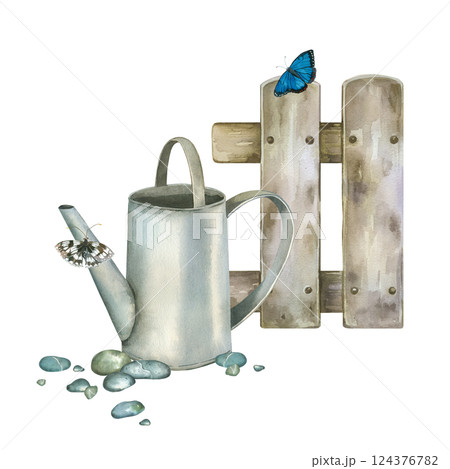 Watercolor composition, watering can for watering flowers and plants, decorative fence and butterflies. All objects are hand-painted with watercolors. For printing on postcards, packaging. 124376782
