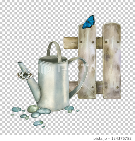 Watercolor composition, watering can for watering flowers and plants, decorative fence and butterflies. All objects are hand-painted with watercolors. For printing on postcards, packaging. 124376782