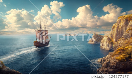 A majestic sailing ship navigates through tranquil waters. The vibrant scenery showcases cliffs and clouds. Explore the adventure of the open sea. Generative AI 124377177
