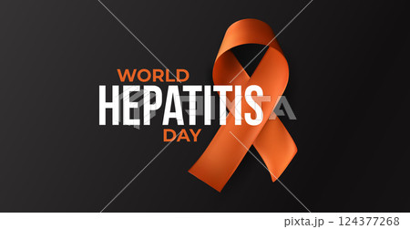 Orange ribbon and World Hepatitis Day message on black background. Urgent visual for liver disease awareness, vaccination, medical support. Glossy 3D vector illustration. 124377268