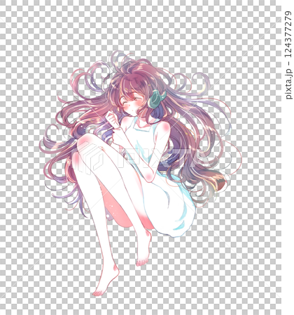 Girl lying down with headphones on, eyes closed 124377279